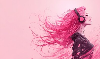 Girl with colorful hair in headphones, listening and enjoying music, dancing. Bright background with copyspace