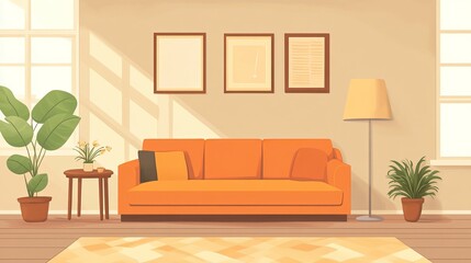 Modern Living Room Interior Design Orange Sofa Cozy Home Decor Apartment Comfortable Furniture Plants Sunlight Room Scene Illustration Vector Graphic 