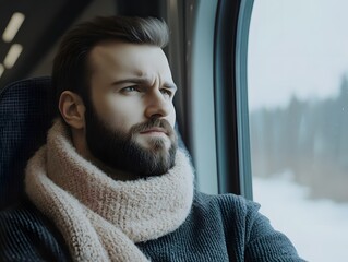  Thoughtful young man looking out train window on rainy day