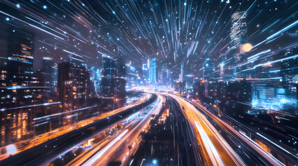 trails above a futuristic cityscape, merging technology with cosmic motion 