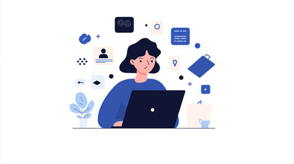 ラップトップを使うビジネスパーソンのイラスト | デジタルワークスペースで作業
Illustration of Business Person Using Laptop | Working in a Digital Workspace