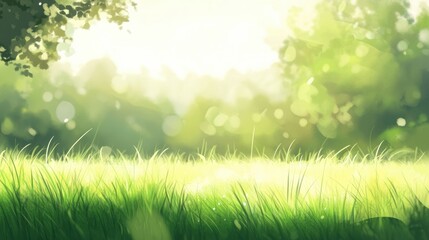 Obraz premium Sunlight shining on green grass field in nature, outdoor landscape with trees, serene atmosphere, peaceful environment, natural beauty, tranquility in summer.