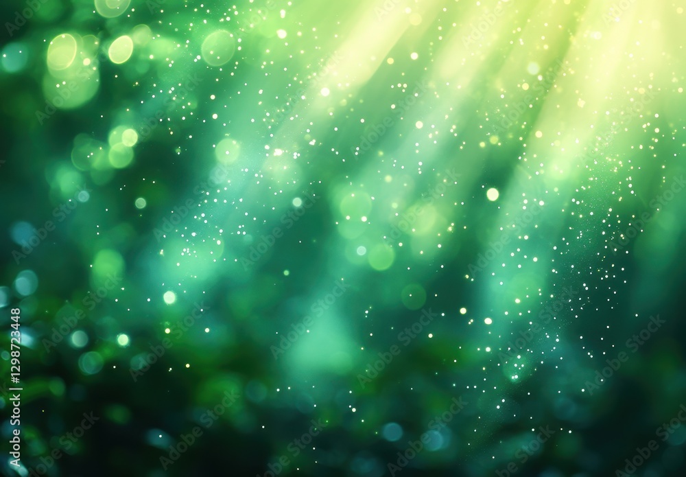 Poster ethereal green light rays shining through misty forest atmosphere with sparkling particles and bokeh