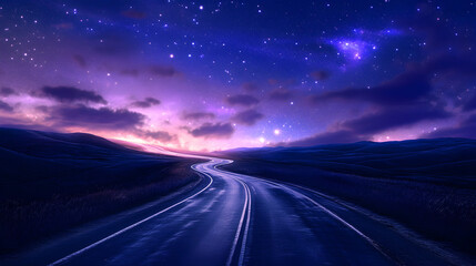 Fototapeta premium road leading toward the horizon, with dazzling star trails streaking above 
