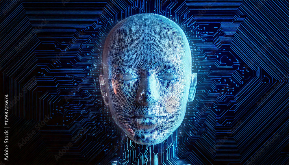 Poster a close up view of an andriod head with closed eyes, integrated with computer parts. the andriod hea