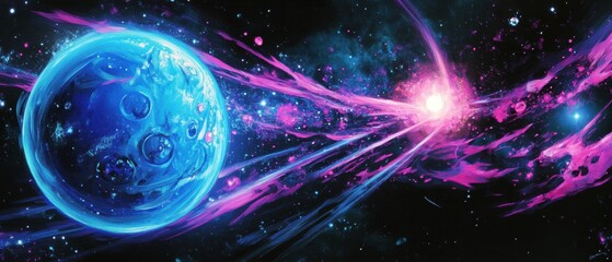 Fototapeta premium Space illustration of colorful planets, cosmic explosion, and vibrant galaxies in the universe, depicting deep space exploration and celestial beauty.