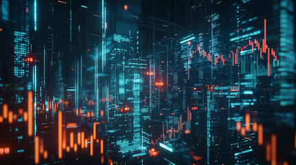 Fototapeta premium Crypto metaverse trading floor: AI bot traders, cyberpunk suits, floating price data. Immersive finance future. Great for tech & investment themes.