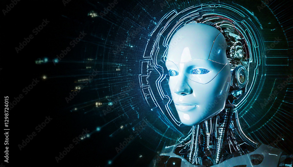 Poster a futuristic robot head with intricate details and a circuit-like design, set against a digital back
