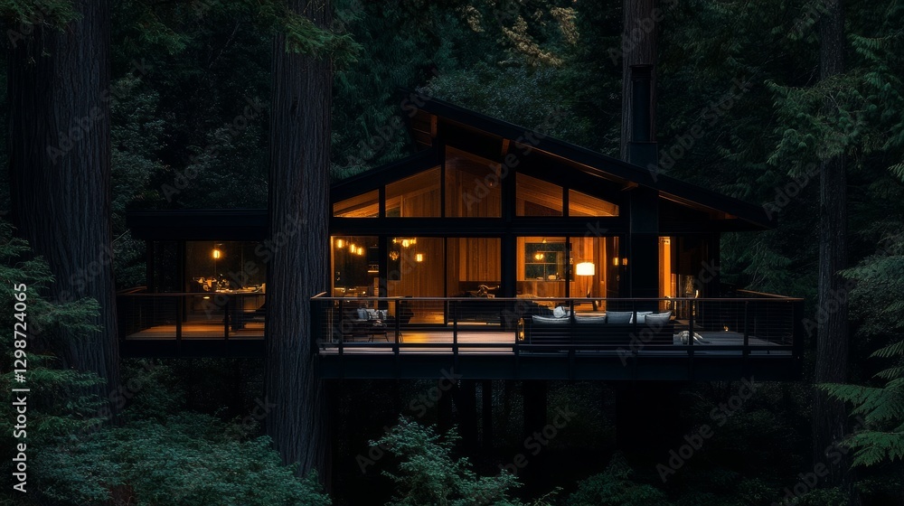 Poster rustic treehouse retreat illuminated by soft lights nestled among towering trees. generative ai