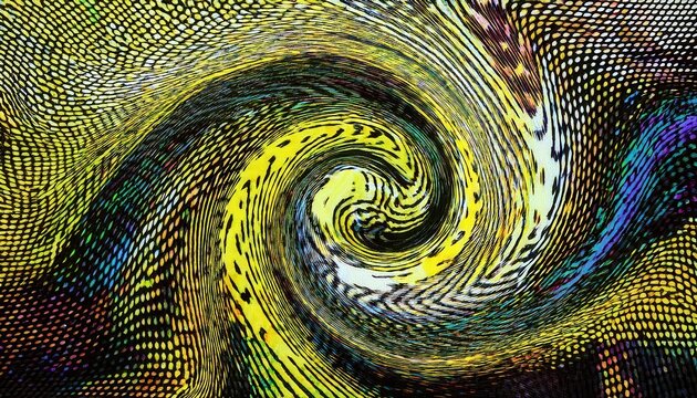 psychedelic digital swirl with halftone pattern and vibrant yellow waves, abstract fluid motion for futuristic design and art