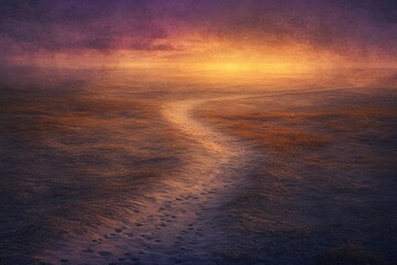 Footprints lead through tranquil waters at sunset in a serene coastal landscape. Generative AI