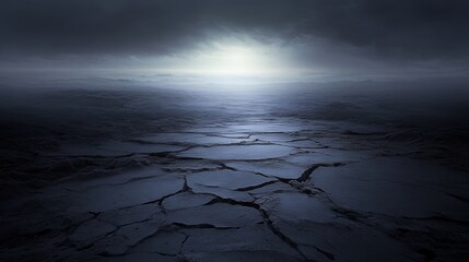 Fototapeta premium Dramatic landscape with cracked earth under dark stormy clouds and moody lighting, creating an atmospheric and mysterious setting for nature photography.