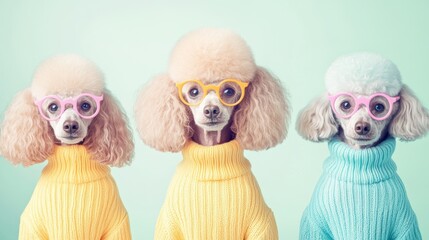 Fototapeta premium Dogs wearing colorful sweaters and glasses posing together in playful studio setting with pastel background, cute poodles fashion concept.