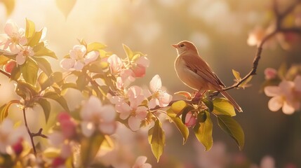 Bird Perched on Blooming Apple Blossom Branch in Soft Light