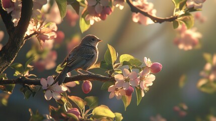 Obraz premium Bird Perched on Blossom-Laden Branch in Soft Evening Light