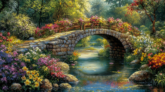 A beautifully crafted stone bridge arching over a serene river, surrounded by vibrant blooming flowers in full bloom