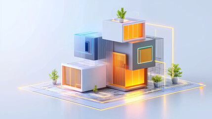 Futuristic architectural model with glowing elements and plants
