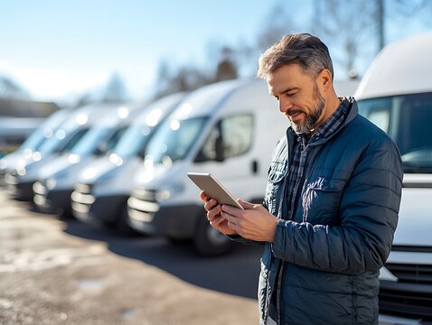 Man holding tablet near fleet of white delivery vans