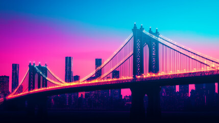 Fototapeta premium Vibrant cityscape with glowing bridge at sunset