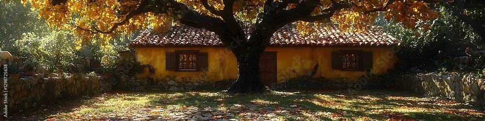 Poster a house with a large tree in front of it