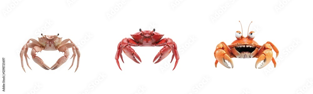 Aufkleber three cartoon crabs display unique facial expressions and colorful adaptations in a fun group pose