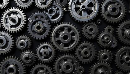 Abstract Gears Background,A close-up, top-down view of numerous interlocking gears of various sizes and designs. The gears are metallic 