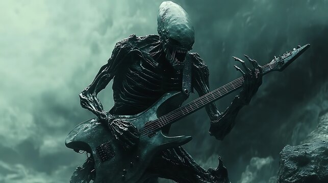 A dark alien creature is playing electric guitar on stage