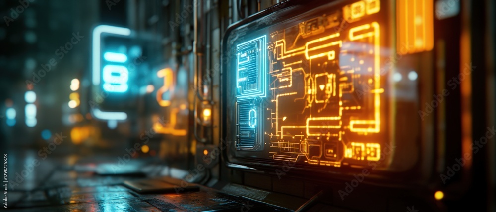 Poster futuristic technology interface display with glowing circuit boards