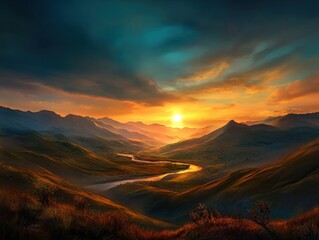 Dramatic mountain valley river sunset