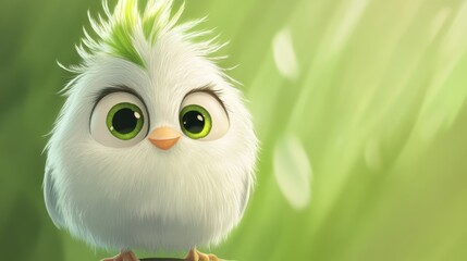 Fototapeta premium Cute cartoon bird with big eyes perched on branch in vibrant green grass, playful and colorful illustration, perfect for childrens themes and nature designs.