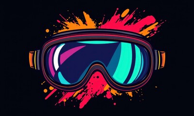 Colorful Abstract Illustration of Vibrant Ski Goggles with Reflective Lenses and Dynamic Splashes of Neon Paint Strokes on a Dark Background