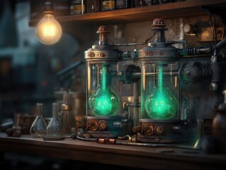 steampunk laboratory with glowing green liquid