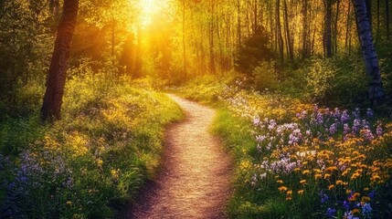 Obraz premium sunlit path through a flower-filled forest