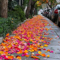 Charming street scene featuring a lively display of colorful flowers adorning the sidewalk creating a cheerful atmosphere