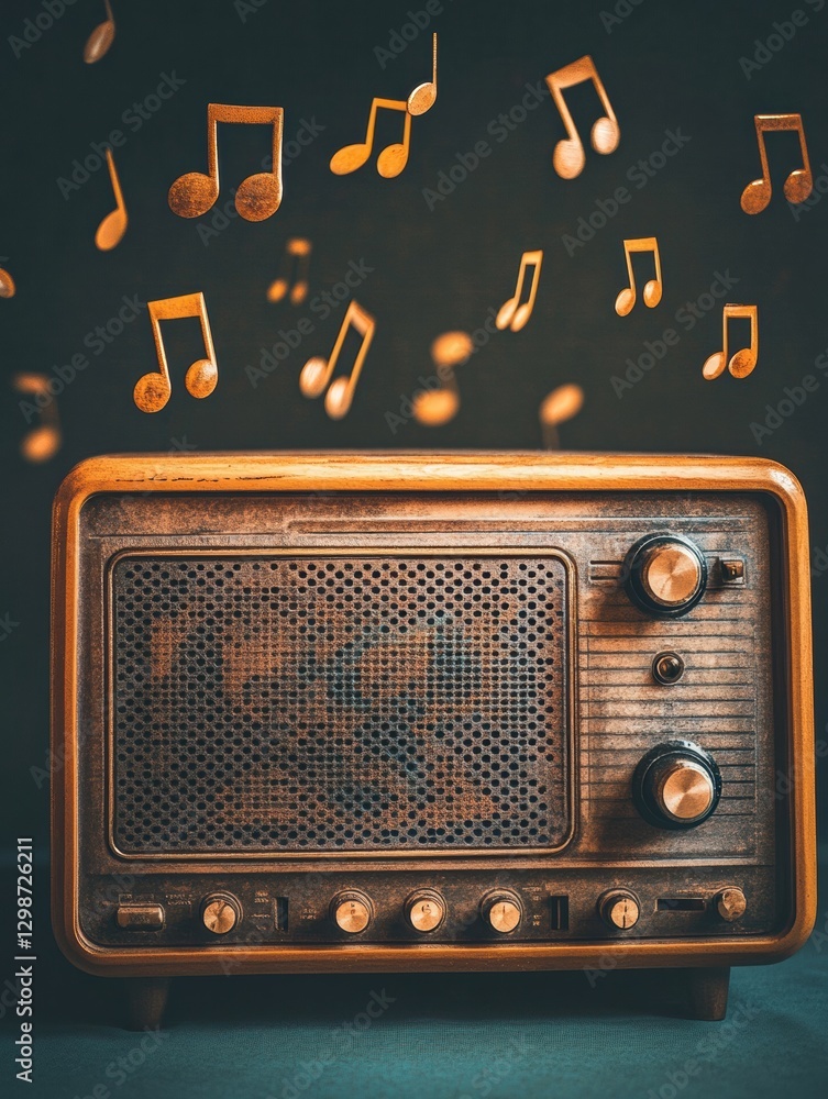 Poster vintage radio playing music with floating musical notes on a dark background, creating a nostalgic a