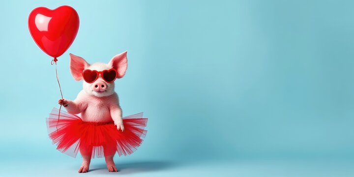 An adorable piglet dressed in a vibrant red tutu and heart-shaped sunglasses, holding a red heart balloon. Set against a soft blue background, this playful image captures the spirit of Valentine's Day