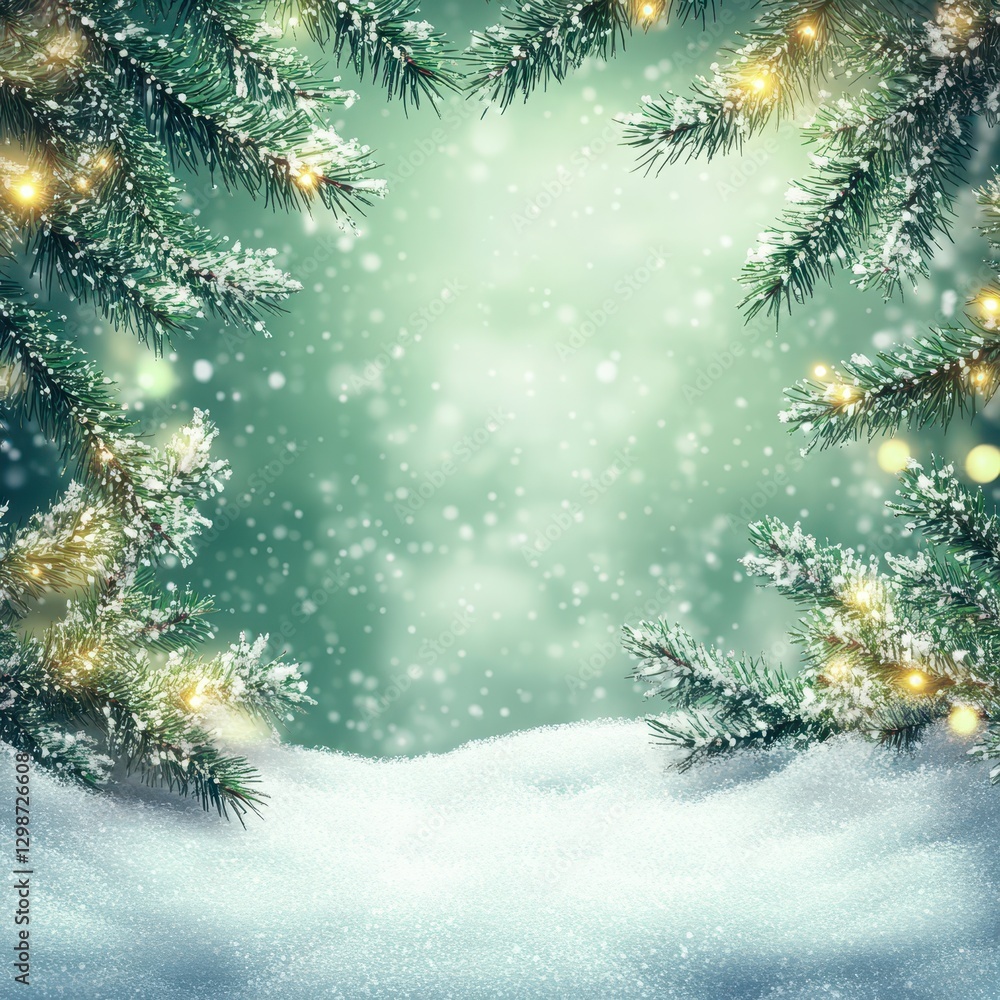 Poster festive winter scene with sparkling snow and green pine branches framing a soft shimmering backgroun