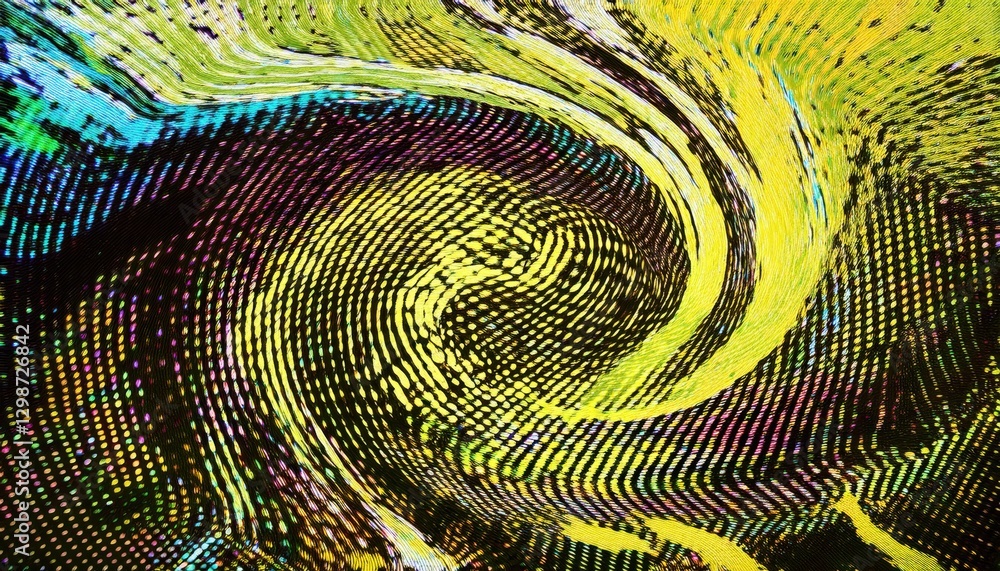 Poster psychedelic digital swirl with halftone pattern and vibrant yellow waves, abstract fluid motion for futuristic design and art

