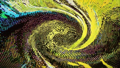 psychedelic digital swirl with halftone pattern and vibrant yellow waves, abstract fluid motion for futuristic design and art

