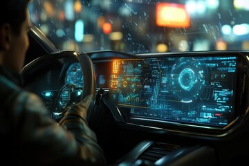 driver in futuristic self-driving car at night