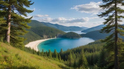 Naklejka premium Stunning landscape capturing crystal clear turquoise waters of Wallowa Lake surrounded by lush forests and mountains