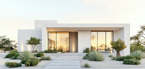 Fototapeta premium Modern energy efficient house with sleek design and desert landscaping, featuring large windows and minimalistic architecture. serene and inviting atmosphere surrounds home