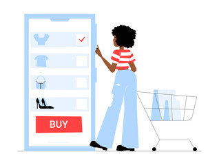 Female Character Shopping Online In Flat Vector Illustration Symbolizing E Commerce, Digital Fashion Retail, And Modern Shopping Experience, Isolated On White Background