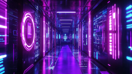 Futuristic metaverse bank: neon cyber world, AI financial advisors, customer interaction.  Banking's digital evolution. Ideal for fintech & future themes.

