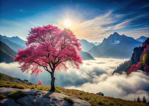 A fantasy landscape:  pink desert, towering mountains, a solitary tree in focus, deep depth of field.