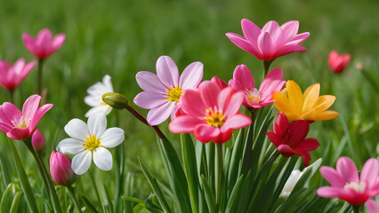 Fototapeta premium Colorful rain lilies add a touch of vibrancy to a green meadow, creating a cheerful and captivating scene