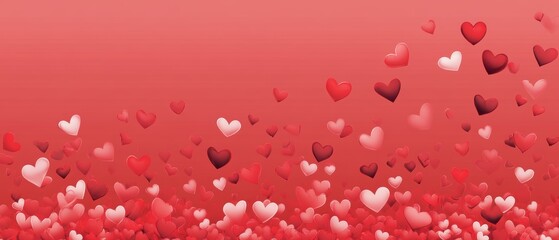 Colorful heart shapes falling on red background for Valentines Day, romantic love concept, celebration of affection, passion, and partnerships in relationships.