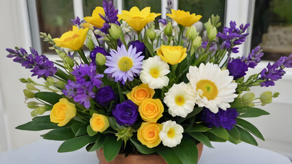 Obraz premium Beautiful flower arrangement with yellow roses, purple lisianthus, white gerberas and other colorful flowers, creating a stunning centerpiece
