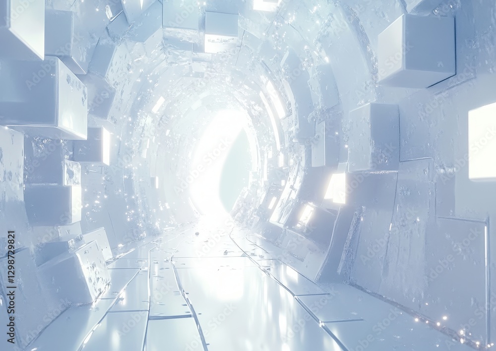 Poster futuristic abstract tunnel with glowing light and geometric shapes surrounded by a soft ethereal atm