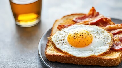 Breakfast Bliss: A hearty breakfast spread with a golden-yolked fried egg, crispy bacon, and buttered toast. The image is designed to induce hunger and evoke a sense of morning pleasure